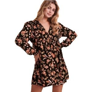 Billabong Black Floral Heart's Desire Long Sleeve Boho Peasant Mini Dress Sz XS